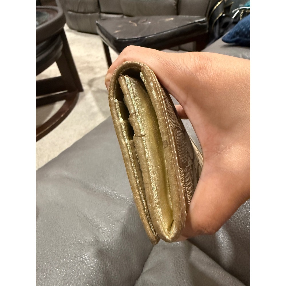 Coach Signature C Monogram Canvas Long Tri-Fold Wallet Metallic Gold Leather - Picture 13 of 13